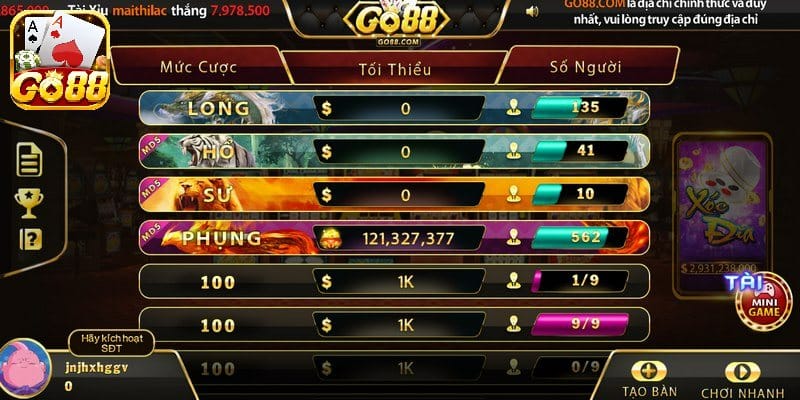 Những tính năng trong sảnh game xóc đĩa